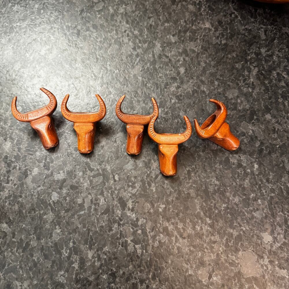 Vintage Hand Carved Wood Bull Head Napkin Rings Set of 5 Western Ranch Decor